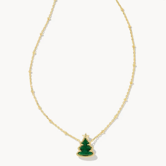 Holiday Tree Gold Short Pendant Necklace in Green