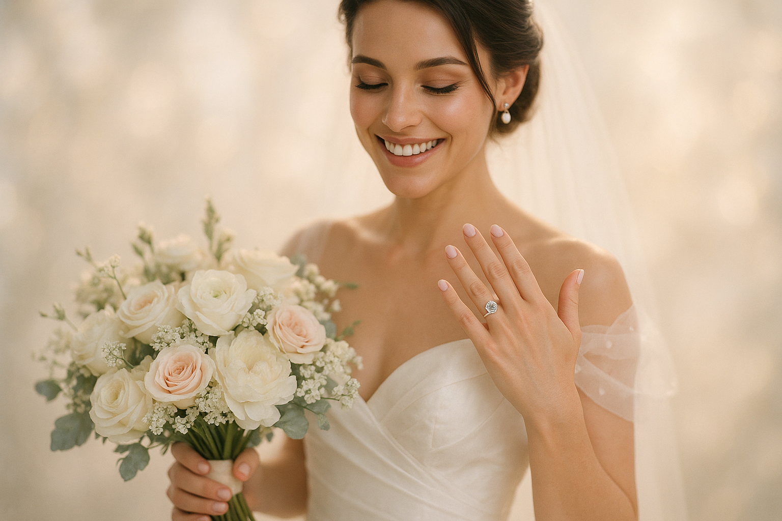 Bride holding flowers showing wedding ring