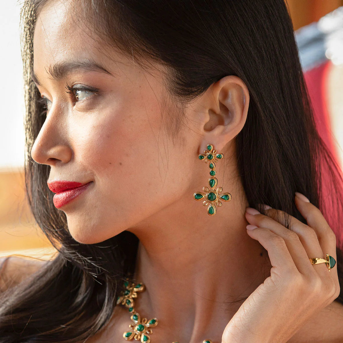 Monique Gem Convertible Double Drop Earrings - Malachite