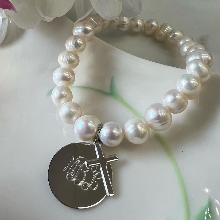 Pearl Bracelet with Sterling Round Disc and Cross