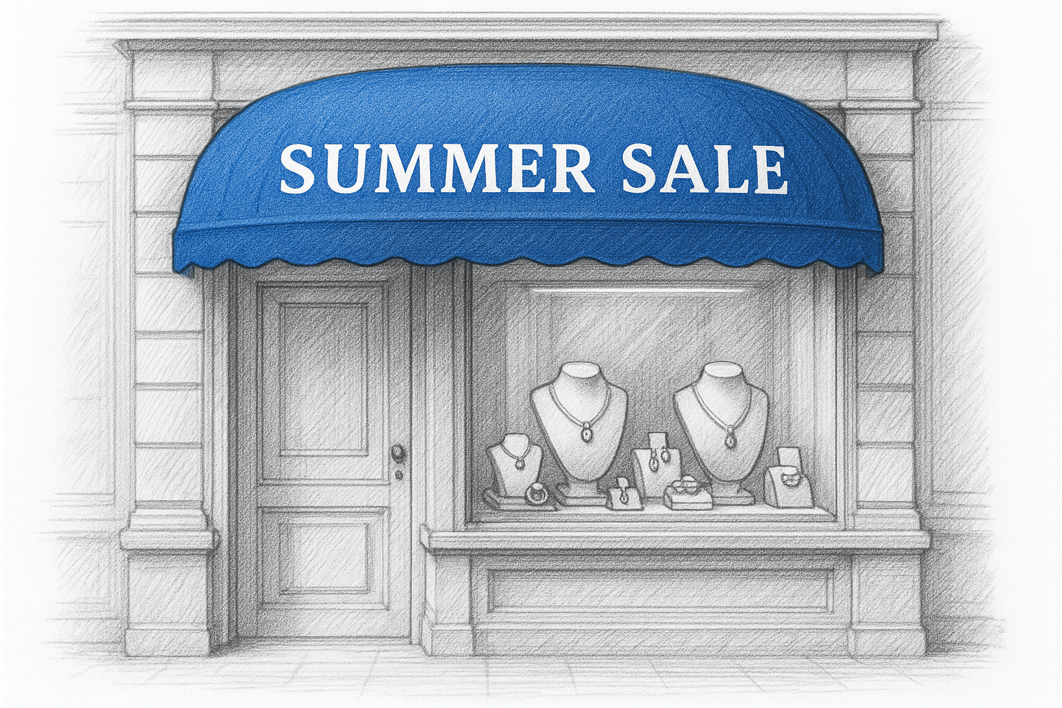 pencil drawing small jewelry store one door and one window add a royal blue curved awning add text in middle Summer Sale 