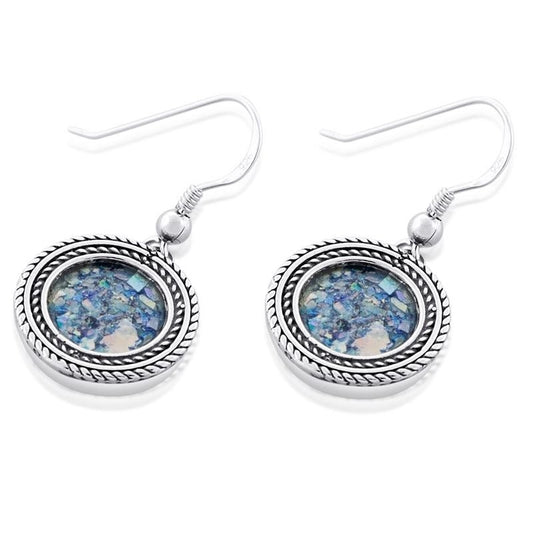 Sterling Silver and Roman Glass Rows of Filigree Circle Hanging Earrings