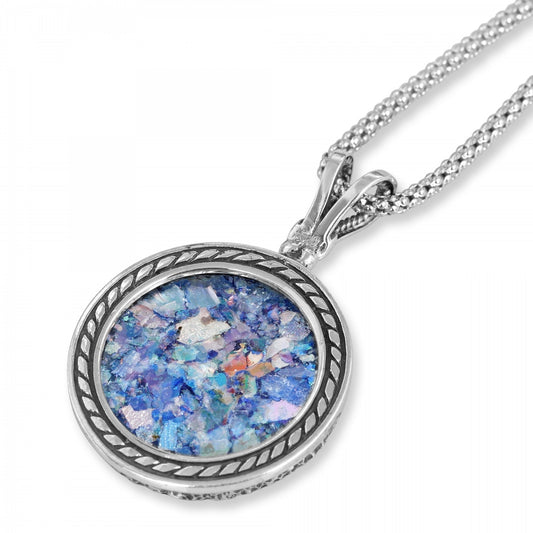 Sterling Silver and Roman Glass Circle Necklace with Detailed Border